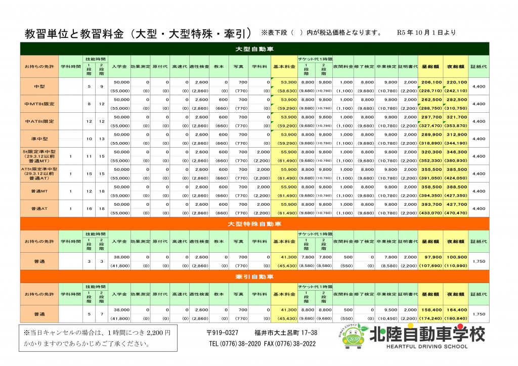 大型・大型特殊・牽引コース料金