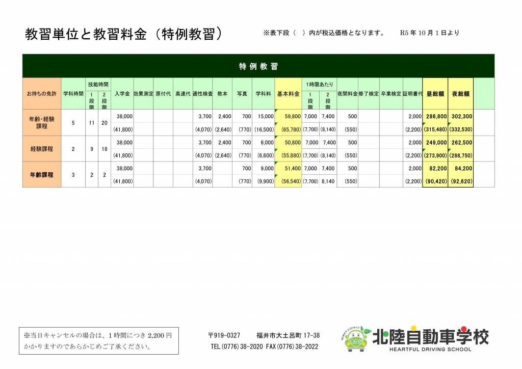 特例教習料金